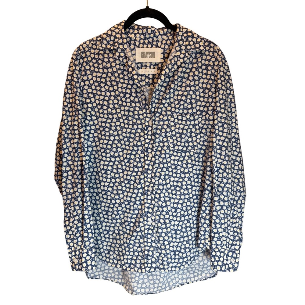 Grayson The Hero Shirt Womens 02 Navy Blue White Daisy Floral Cotton Button Down